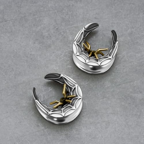 ERKUOO 2PCS 0g 00g-1" Gothic Golden Raven Skull Saddle Ear Gauge Spider Web Double Flared Plug Tunnels Expander Piercing Jewelry For Women Men 8mm-25mm - color: Spider Web-Silver, size: 00g=10mm