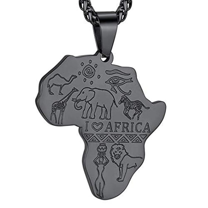 GOLDCHIC JEWELRY Africa Map Necklace for Men, Stainless Steel African Tribal/Egyptian Eye of Horus/I LOVE AFRICA/Elephant Map Hiphop Jewelry Unisex with 22'+2'Adjustable Chain - color: Animals - Black, style: No Customization