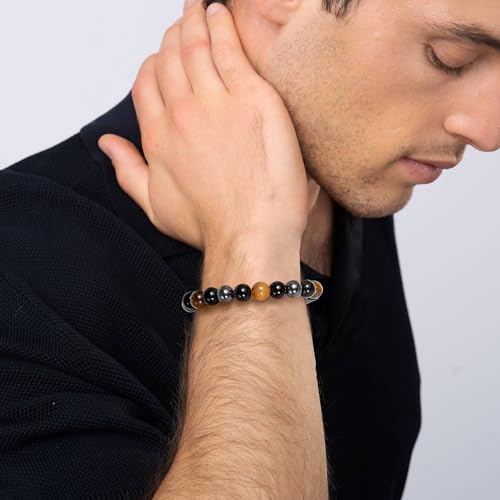 Mens Bead Bracelet Set - Adjustable Elastic Rope With 6&8MM Natural Stone Multi-Colored Beads - Tiger Eye Bracelets for Men - Gift - style: 3,tiger eye,black bracelets set