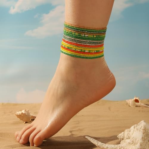 18Pcs Boho Stackable Beaded Bracelets for Women Colorful Handmade Multilayered Rice Beads Anklets Set Summer Beach Bohemian Jewelry Gift - color: Style 1 Blue