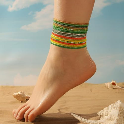 18Pcs Boho Stackable Beaded Bracelets for Women Colorful Handmade Multilayered Rice Beads Anklets Set Summer Beach Bohemian Jewelry Gift - color: Style 1 Blue