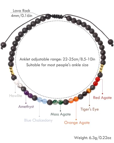 Colorful 7 Chakra Gemstones Beaded Anklet for Women Foot Jewelry | Adjustable 8.5-10 in, Ankle Bracelets for Women, Handmade, Positive Energy, Balance, Yoga, Meditation, Beach, Party, Vacation - style: Lava Rock