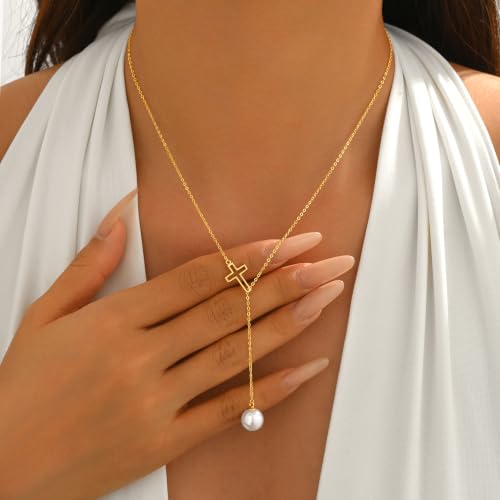 925 Sterling Silver Cross Pearl Lariat Necklace for Women | Y-Shaped Pearl Drop Necklace Adjustable Hollow Cross Pearl Necklace Faith Baptism Birthday Jewelry Gift for Mother Daughter - color: Gold