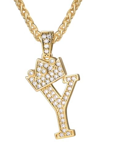 U7 Crown Initial Necklace Men Women, Bling Diamond A-Z 0-9 Letter Pendant with Wheat Chain, Silver/Black/Gold Plated CZ Alphabet Number Hip Hop Jersery for Father Husband - color: a. Gold, size: 25. Y