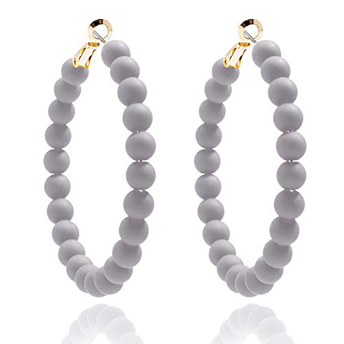 ZENZII Beaded Hoop Earrings Bohemian Circle Round Bead Earrings Chic Dangle Earrings for Women and Girls - color: Light Gray