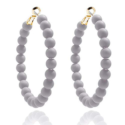 ZENZII Beaded Hoop Earrings Bohemian Circle Round Bead Earrings Chic Dangle Earrings for Women and Girls - color: Light Gray