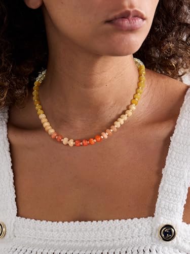 Joya Love Colorful Gemstone Beaded Necklaces For Women Trendy Rainbow Natural Stone Boho Handmade Stainless Steel Waterproof Strand Necklaces Jewelry For Women Gift - color: White Yellow