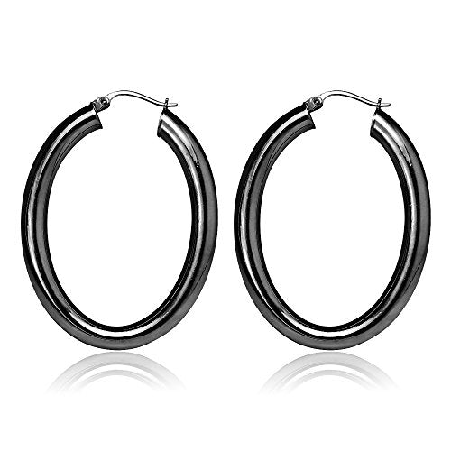 Hoops & Loops 925 Sterling Silver 4.5mm Thick Oval Diamond-Cut Hoop Earrings, 25mm 30mm, Silver, Yellow Gold, Rose Gold & Black - color: Black 30mm-1.2''