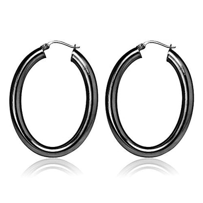 Hoops & Loops 925 Sterling Silver 4.5mm Thick Oval Diamond-Cut Hoop Earrings, 25mm 30mm, Silver, Yellow Gold, Rose Gold & Black - color: Black 30mm-1.2''