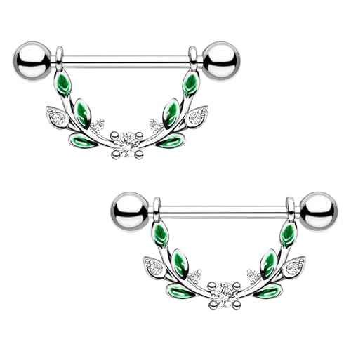 2pcs 14G Nipple Rings Flower Nipple Bars Surgial Steel 316L Nipple Piercing Jewelry Heart Nipple Barbell for Women - color: GREEN round