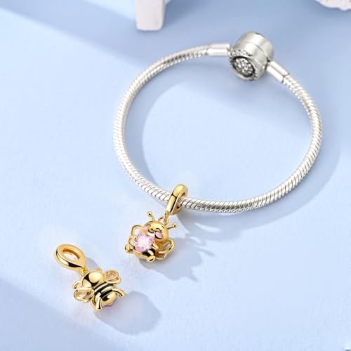 Hapour 925 Sterling Silver Charms for Bracelet Necklace Dangle Pendant Bead | Whale Shark Charm, Glow in the Dark, Matryoshka Russian Doll Baking European Jewelry Charm, 14k Gold Plated - style: Golden Honeybee Holding a Heart