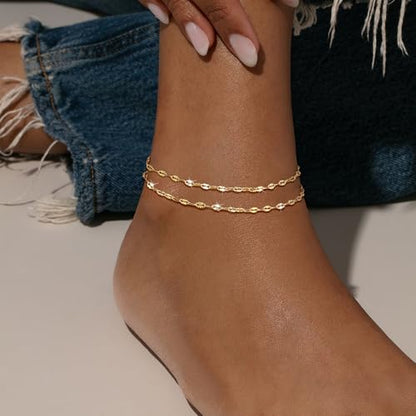 Robaice Ankle Bracelets for Women, 14K Gold Plated/Silver Layered Anklets | Waterproof Adjustable Anklet for Women, Summer Beach Anklet, Glitter Jewelry for Women Gifts - color: Gold-4