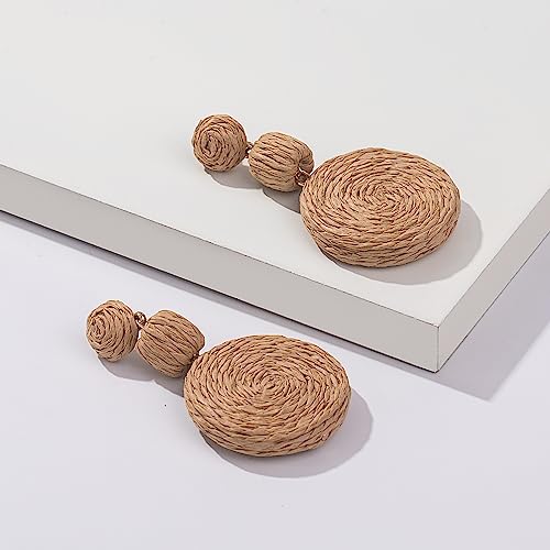 Statement Raffia Boho Round Dangle Ball Earrings - Cute Handmade Summer Bohemian Dangling Jewelry for Women - color: Wheat