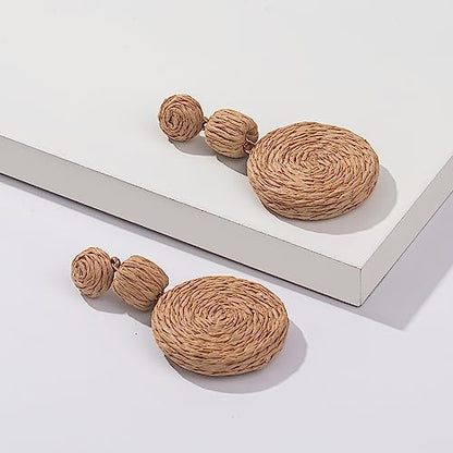 Statement Raffia Boho Round Dangle Ball Earrings - Cute Handmade Summer Bohemian Dangling Jewelry for Women - color: Wheat