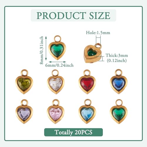 Beadthoven 20Pcs Heart Rhinestone Charms, Real 18K Gold Plated Crystal Charms Valentine Dangle Beads Sparkly Small Mini Birthstone Pendants for Bracelet Necklace Earrings DIY Jewelry Making Accessory - color: Hearts