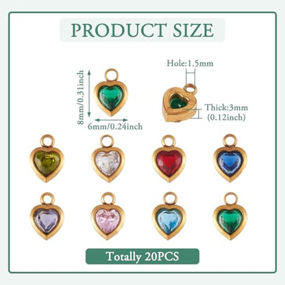 Beadthoven 20Pcs Heart Rhinestone Charms, Real 18K Gold Plated Crystal Charms Valentine Dangle Beads Sparkly Small Mini Birthstone Pendants for Bracelet Necklace Earrings DIY Jewelry Making Accessory - color: Hearts