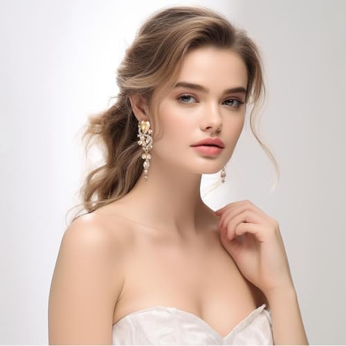 Fashion Rhinestone Statement Drop Dangle Earrings Long Colorful Crystal Bridal Wedding Teardrop Chandelier Earrings for Women Prom Pageant - color: Champagne