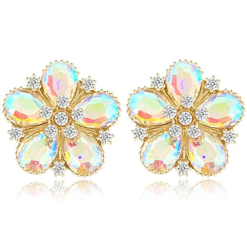 Bohemian Sparkly Crystal Flower Sliver Lightweight Stud Earrings Peach Blossom Rhinestone Floral Dangle Earrings For Women Jewelry Gifts - color: Colorful White