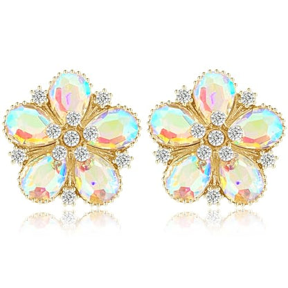 Bohemian Sparkly Crystal Flower Sliver Lightweight Stud Earrings Peach Blossom Rhinestone Floral Dangle Earrings For Women Jewelry Gifts - color: Colorful White