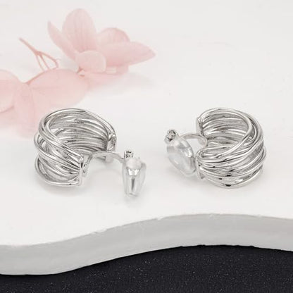Chunky Clip On Earrings for Women Earrings Non-piercing Hoop Earrings - color: Silver