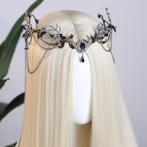 MOSTORY Woodland Elf Crown for Women - Medieval Elf Headpiece with Tassel for Renaissance Renfaire Fae Cosplay Viking Outfit - color: Black-silver