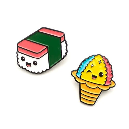 Enamel Pin Set (2 Pins Per Set) for Backpack, Bag, Lapel, Noodles, Food, Kawaii Button Collector - style: Musubi & Shaved Ice