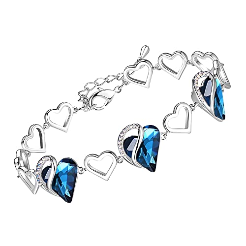 Leafael Infinity Love Heart Gift Bracelet for Women, Birthstone or Healing Stone Crystal, Silver Tone Birthday Jewelry for Her, Mom, and Wife, 7-inch Chain and 2-inch Extender - color: 09a-September-Bermuda Sapphire Blue