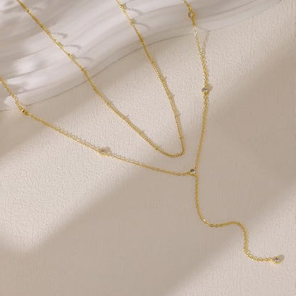 Gold Necklace for Women, Dainty Long Necklace 14k Gold Plated Lariat Long Necklaces for Women Trendy Simple Statement Drop Necklace Fashion Body Chain Prom Jewelry Gold Accessories - color: 8-Gold