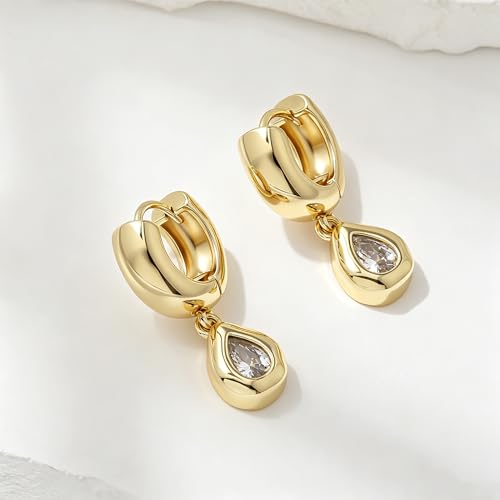 SHERLOVE Chunky Statement Gold Dangle Earrings Women Bezel Cubic Zirconia | 14K Gold Plated Huggie Hoop Drop,Dainty Trendy Elegant Fancy Formal,Hypoallergenic Lightweight Non tarnish,Statement Jewelry - color: Chunky Dangle Teardrop Gold