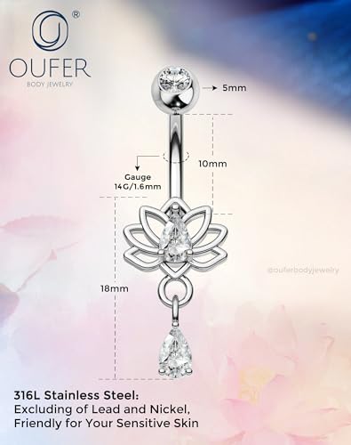 OUFER Hypoallergenic Dangle Belly Button Rings, 14g Surgical Steel Belly Rings for Women, Lotus Navel Rings, Dangle Navel Piercing Jewelry