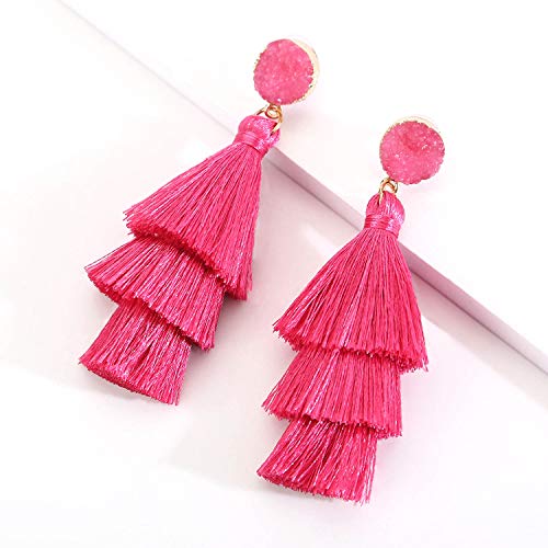Bohemian Tiered Tassel Earrings with Druzy Stud for Women | Long Layered Fringe Drop Earrings, Statement Jewelry for Party Beach Festival - color: Hot Pink