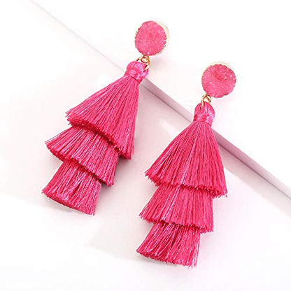 Bohemian Tiered Tassel Earrings with Druzy Stud for Women | Long Layered Fringe Drop Earrings, Statement Jewelry for Party Beach Festival - color: Hot Pink