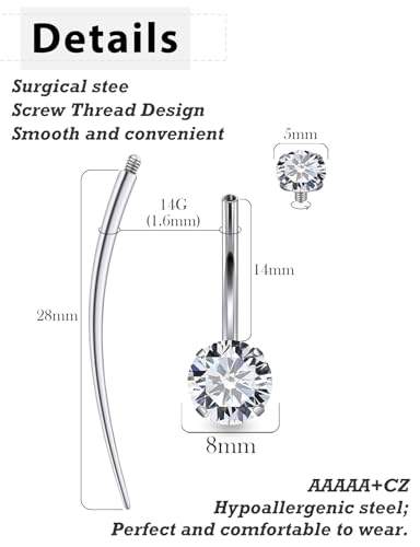 Long & Extra Long Bar Belly Button Ring Internal Thread Hypoallergenic Surgical Stainless Steel 14mm 16mm 14 Gauge Navel Rings Cubic Zirconia Buuton Body Piercing Jewelry for Women Men - color: Silver-Tone 14mm