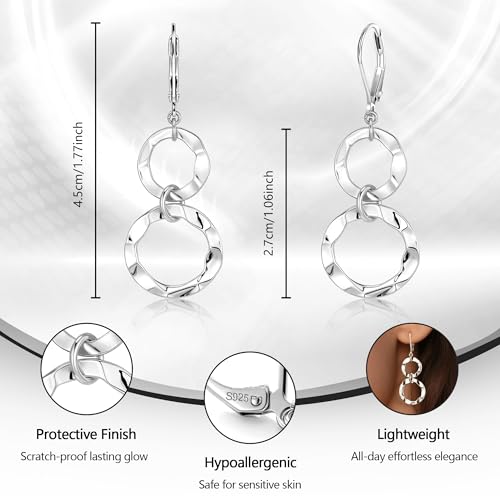 ALEXCRAFT Gold Hammered Double Circle Leverback Dangle Earrings | Hypoallergenic, Drop Handmade, Hammered Round, Minimalist Boho - color: Hammered-Silver