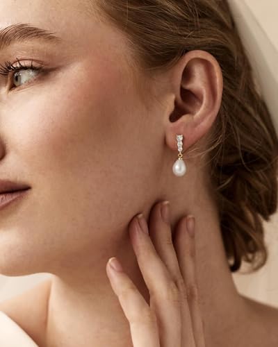 Pearl Earrings for Women Trendy Dainty Wedding Earring 14K Gold Plated/Silver Plated Dainty Cute Drop Dangle Pearl Earrings Studs Hypoallergenic CZ Diamond Wedding Earrings for Brides Prom Jewelry Gift for Women - color: 03.Gold long
