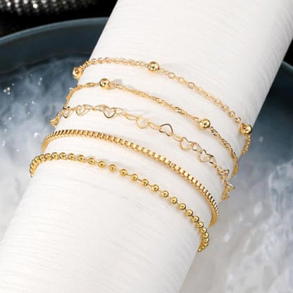 IFKM Gold Bracelets for Women, 14K Gold Plated Dainty Link Chain Bracelet set, Trendy Stackable Layered Bracelets jewelry Gifts - style: 5pcs Gold