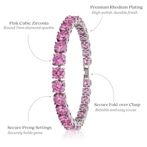 KEZEF Tennis Bracelet for Women, 7mm Round CZ, Silver Plated Brass, 6.5–8 Inch, Fold-Over Clasp - color: Pink CZ, size: 6.5 Inch