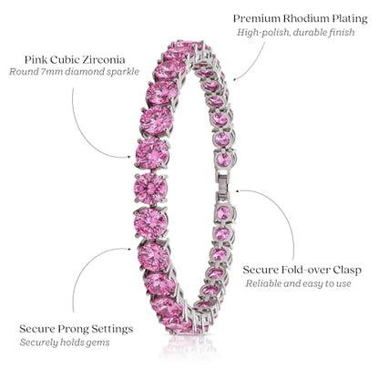 KEZEF Tennis Bracelet for Women, 7mm Round CZ, Silver Plated Brass, 6.5–8 Inch, Fold-Over Clasp - color: Pink CZ, size: 8 Inch
