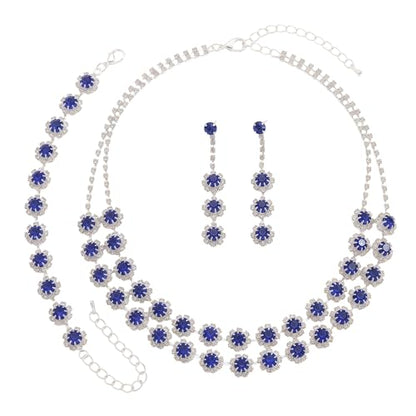 Rhinestone Bridal Wedding Jewelry Set，Crystal Necklace Earrings Bracelet Sets Formal Costume Jewelry for Women and Brides - color: BLUE