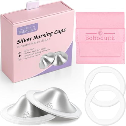Boboduck 925 Silver Nipple Covers Breastfeeding - The Original Silver Nursing Cups - Protect and Soothe Sore Nipples - Silver Nipple Shield Guards with Soft Silicone Ring - size: Regular