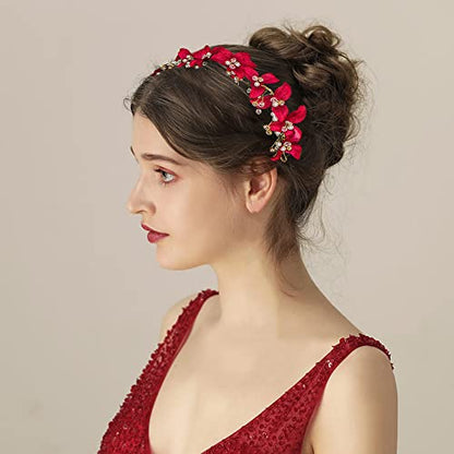 DonLeeving Bridal Red Crystal Headband Princess Flower Hair Vine Headpiece Pearl Wedding Queen Crowns and Tiaras Bride Floral Red Headband for Women and Girls Halloween Decor