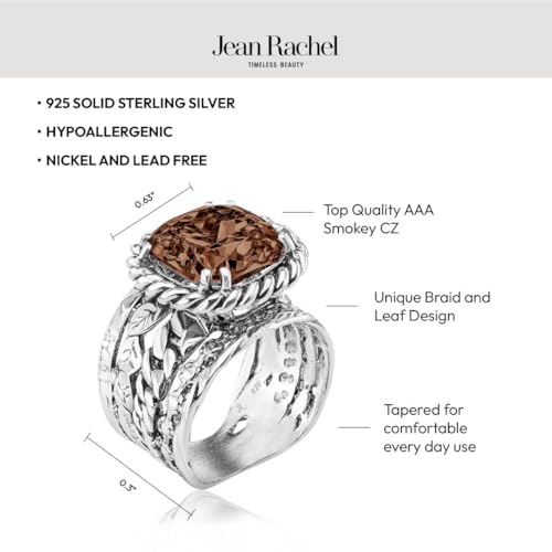 JEAN RACHEL JEWELRY 925 Sterling Silver Braid Leaf Cushion Ring | Ornate statement ring beautifully adorned with sculpted leaf motifs, twisted rope braids, and a CZ center stone. - color: Smoky CZ