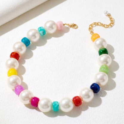 Chunky Beaded Choker Necklace for Women Boho Statement Necklace with Large Pearl Blue Brown Tone Resin Beads Summer Beach Jewelry Gifts - color: Pearl