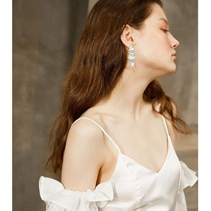 Dainty Sparkly Crystal Square Teardrop Circle Dangle Drop Earrings Long Chic Glitter Rhinestones Geometry Stud Earrings For Women - style: White