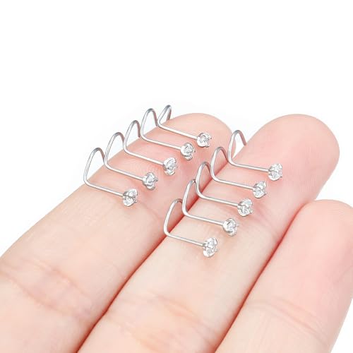 Hoeudjo Nose Studs Surgical Steel Cubic Zirconia Nose Rings Kit for Women Men Tiny Nose Stud Bone & Screw & L Shaped Nostril Piercing Jewelry 24/22/20/18 Gauge 10 Pieces - color: silver-tone,screw nose studs, size: 24g/2mm clear CZ