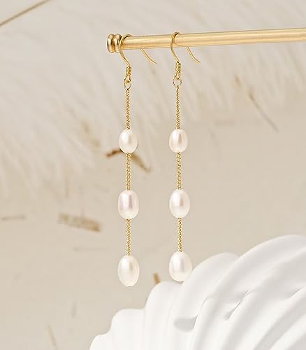 Long Pearl Earrings for Women 925 Sterling Silver Dangle Earrings | Hypoallergenic Dainty Dangle Drop Earrings, Elegant Pearl Jewelry for Bridal, Mother's Day Anniversary Birthday Jewelry Gift - color: Gold Pearl Dangle