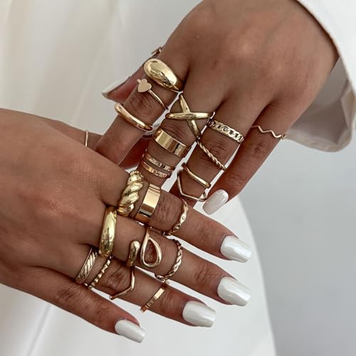 Gold Rings for Women Non Tarnish Stackable Rhinestone Moon Star Rings Dainty Stacking Pearl Butterfly Midi Pinky Thumb Joint Finger Knuckle Ring Set Gold Non Tarnish Jewelry Gifts Trendy Stuff - color: E Gold Stackable Rings 24Pcs