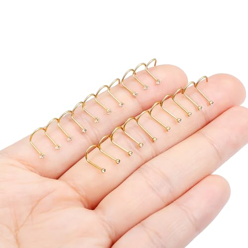 Hoeudjo Nose Studs Surgical Steel Cubic Zirconia Nose Rings Kit for Women Men Tiny Nose Stud Screw & Bone & L Shaped Nostril Piercing Jewelry 24-18 Gauge 20 Pieces Set - color: gold-tone,screw nose studs, size: 22g/1.5mm clear CZ