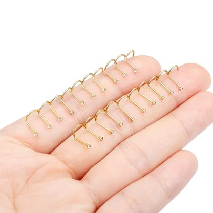 Hoeudjo Nose Studs Surgical Steel Cubic Zirconia Nose Rings Kit for Women Men Tiny Nose Stud Screw & Bone & L Shaped Nostril Piercing Jewelry 24-18 Gauge 20 Pieces Set - color: gold-tone,screw nose studs, size: 22g/1.5mm clear CZ