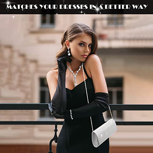 Meanplan 4 Pcs Silver Clutch Purse Jewelry Set for Women Rave Accessories Evening Rhinestone Purse Silver for Bride Wedding - style: Elegant Style